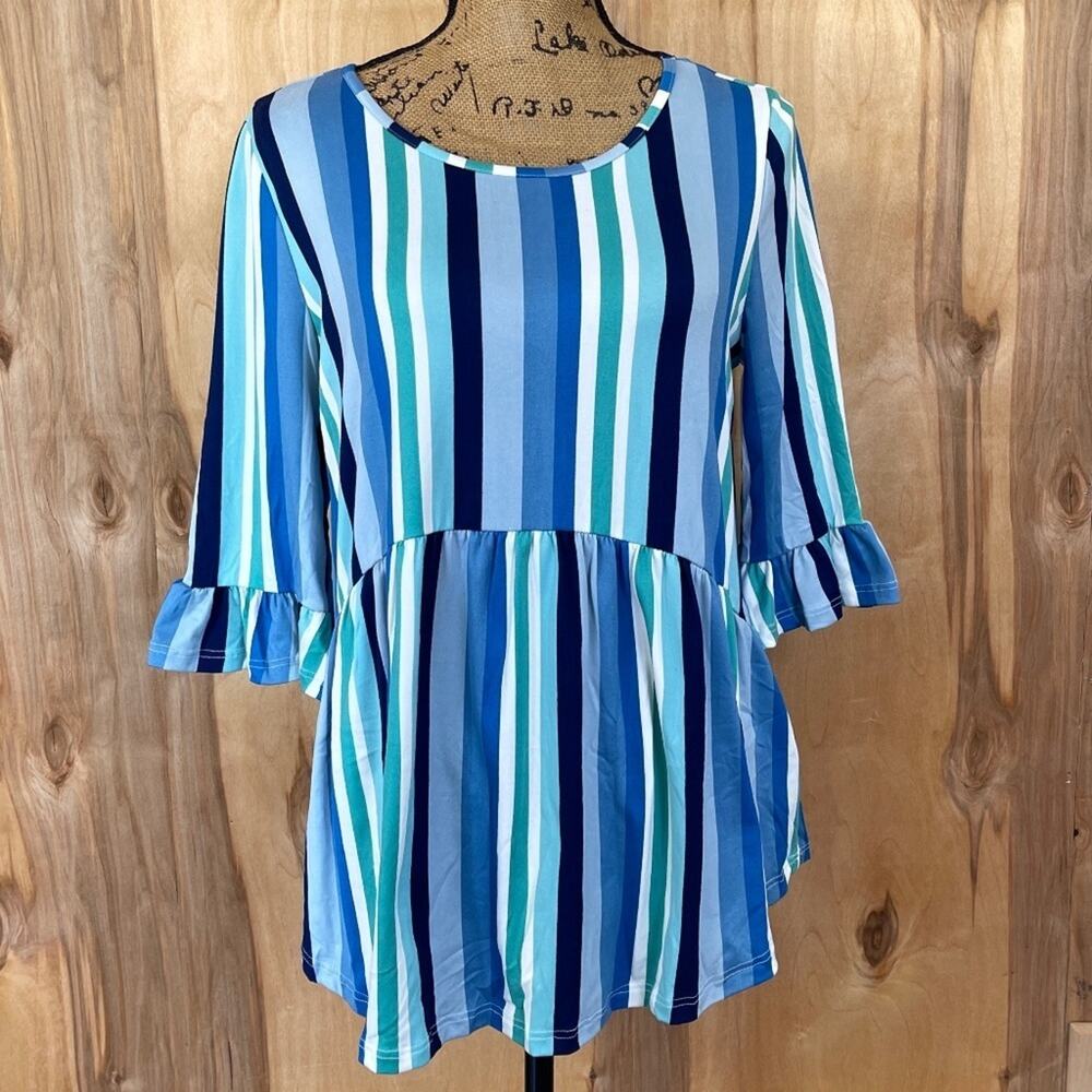 DOUBLJU Blue Striped 3/4 Sleeve Ruffle Top